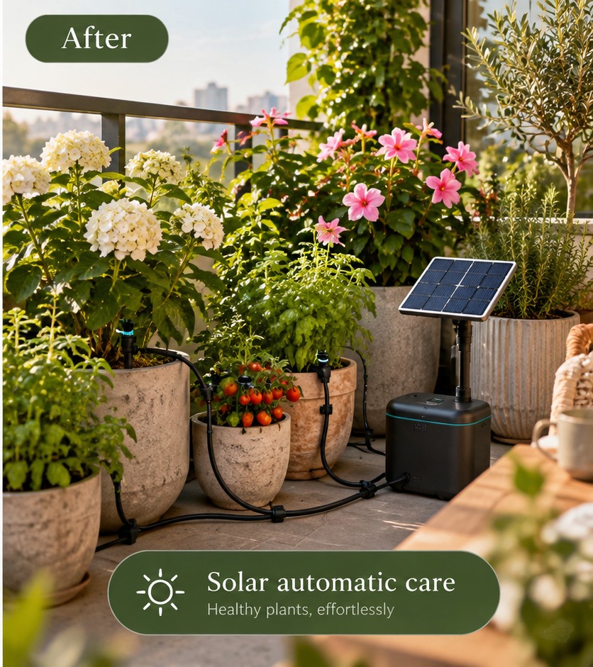Illustrated after scene: green potted plants with a solar watering system
